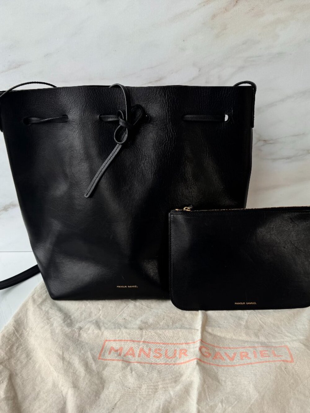 Mansur Gavriel Black Leather Bucket Shoulder Bag with Pouch